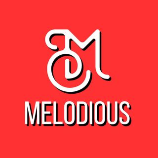 Melodious stylized M with musical note, red background with white text